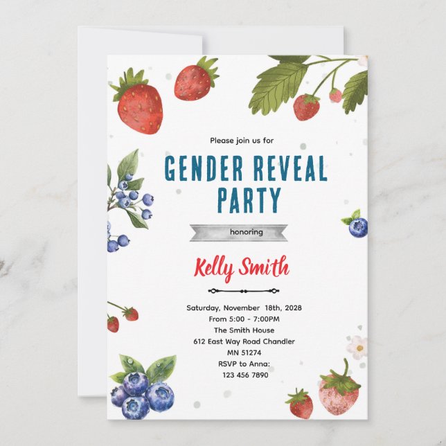 Strawberries and Blueberries Gender Reveal invite Einladung (Vorderseite)