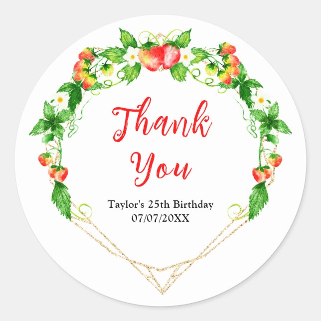 Strawberries and Daisies Birthday Party Thank You Runder Aufkleber (Vorderseite)