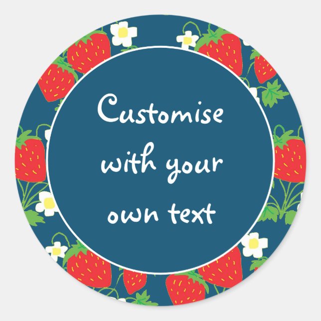 Strawberries and Flowers Blue Custom Text Runder Aufkleber (Vorderseite)