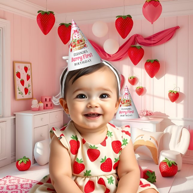 Strawberries and pink bow Berry First Birthday     Partyhütchen (Von Creator hochgeladen)