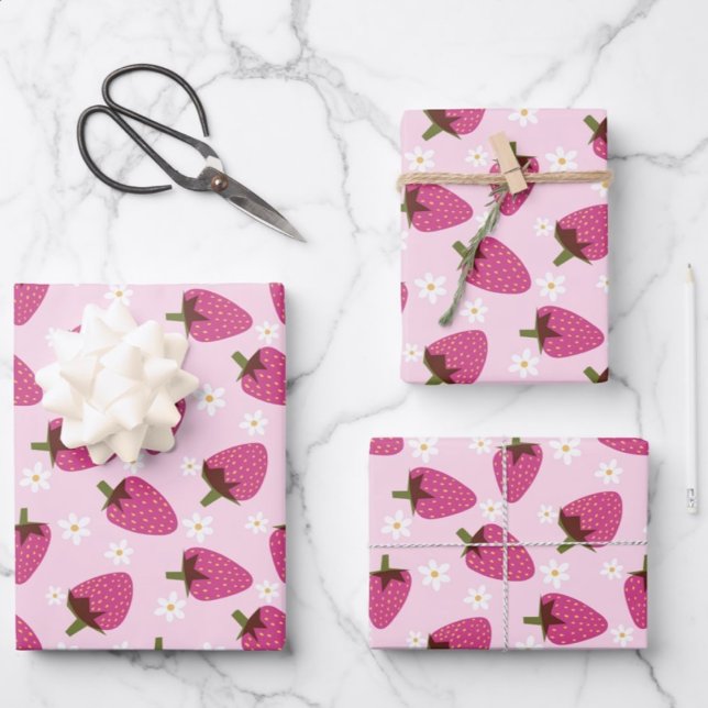 Strawberries Daisies Blumenmuster Girly Pink Geschenkpapier Set (Von Creator hochgeladen)