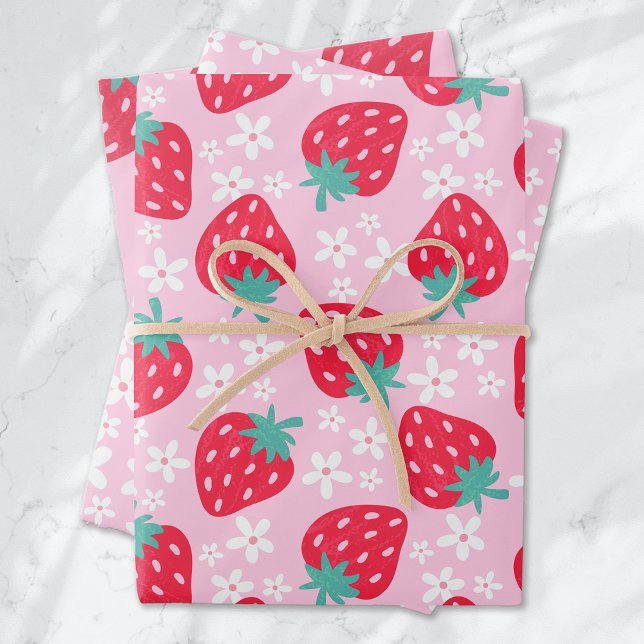 Strawberries Daisies Muster rosa Rot Geschenkpapier Set (Von Creator hochgeladen)