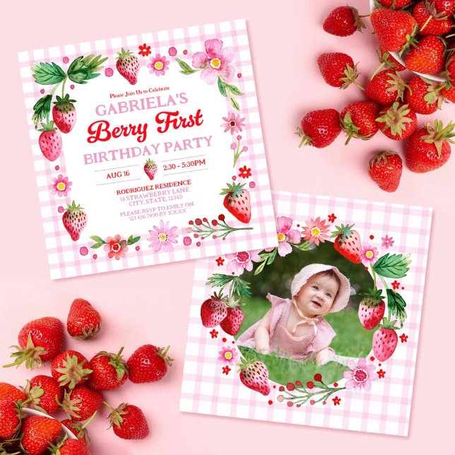 Strawberries Girl 1. Geburtstag Foto Einladung (Watercolor Strawberries Girl 1st Birthday Photo Invitation)
