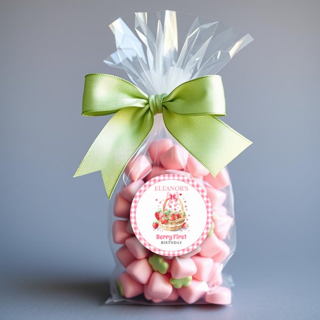 Strawberries hearts,pink bow Berry First Birthday Runder Aufkleber (Von Creator hochgeladen)