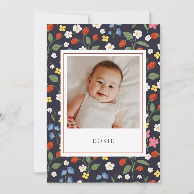 Strawberries navy Baby Birth Ankündigung (Vorderseite)