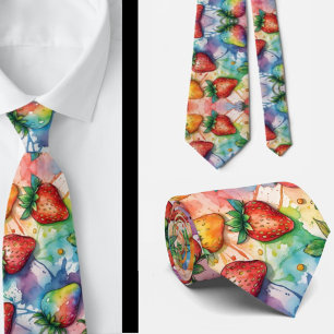 Strawberries Strawberry Pattern Rainbow Paint Krawatte