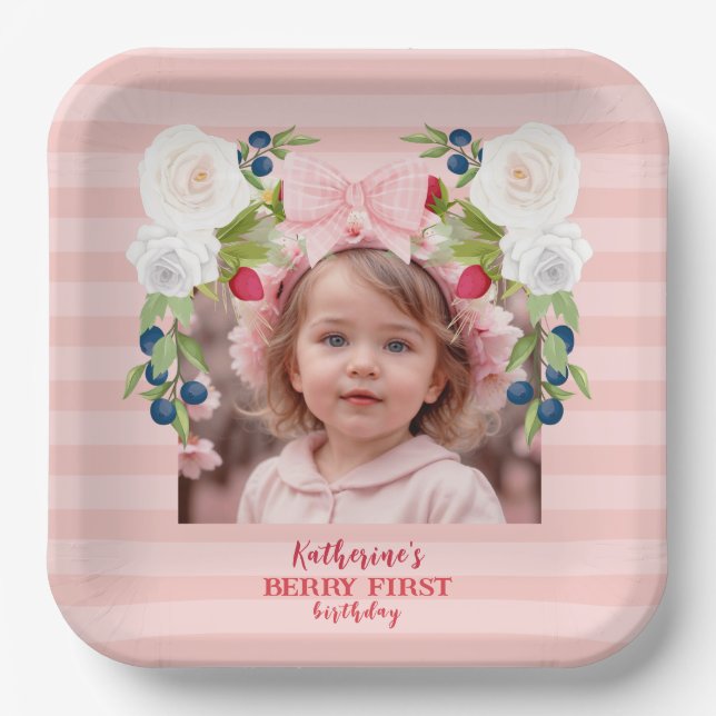 Strawberry 1. Berry Sweet Birthday Willkommenszeic Pappteller (Vorderseite)