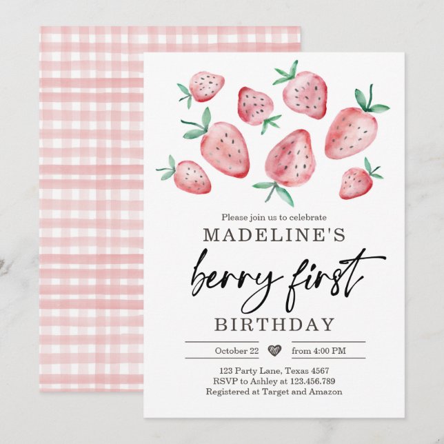 Strawberry 1. Geburtstag Einladung First Berry Swe (Vorne/Hinten)