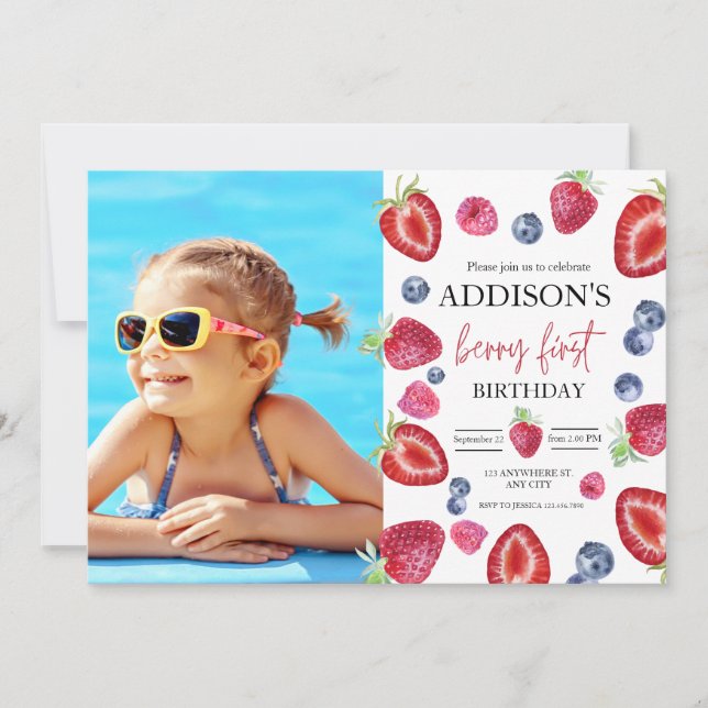 Strawberry 1. Geburtstag Party Berry Erstes Foto Einladung (Vorderseite)