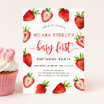Strawberry 1. Geburtstag Party | Berry First Einladung<br><div class="desc">Niedliche Mädchenkarte zum 1. Geburtstag mit Aquarellbild von Erdbeeren. Im Text steht: "Begleiten Sie uns,  um XX's Beerensurparty zum ersten Geburtstag zu feiern."</div>