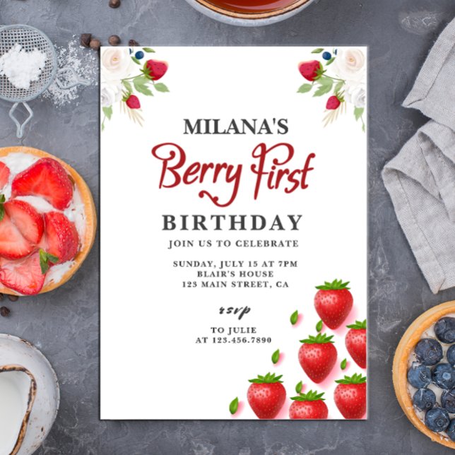 Strawberry 1. Geburtstag Party | Berry First Einladung (Berry First Birthday card)
