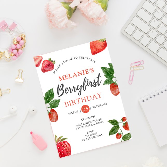 Strawberry 1. Geburtstag Party | Berry First girl Einladung (Berry first 1st Birthday invitation card mockup)