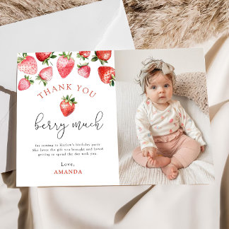 Strawberry 1st Birthday Berry Sweet One Photo Dankeskarte