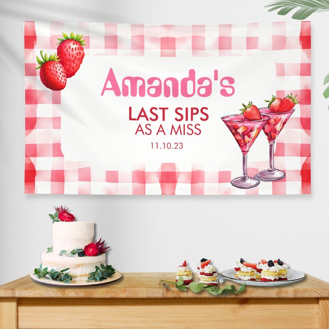 Strawberry als Miss Bachelorette Gingham Banner (Strawberry Bachelorette Hen Party Banner backdrop pink red gingham cocktail last sips miss retro fun)