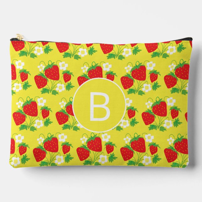 Strawberry and Flower Yellow Pattern Monogrammed Zubehörtasche (Vorderseite)