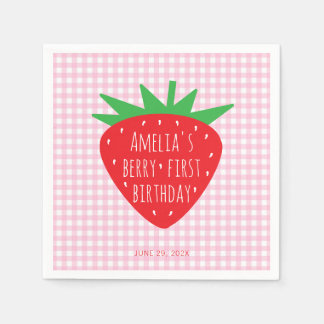 Strawberry auf Pink Kariert Girl Berry Erster Gebu Serviette