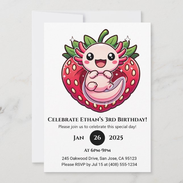 Strawberry Axolotl Joy Birthday Einladung (Vorderseite)