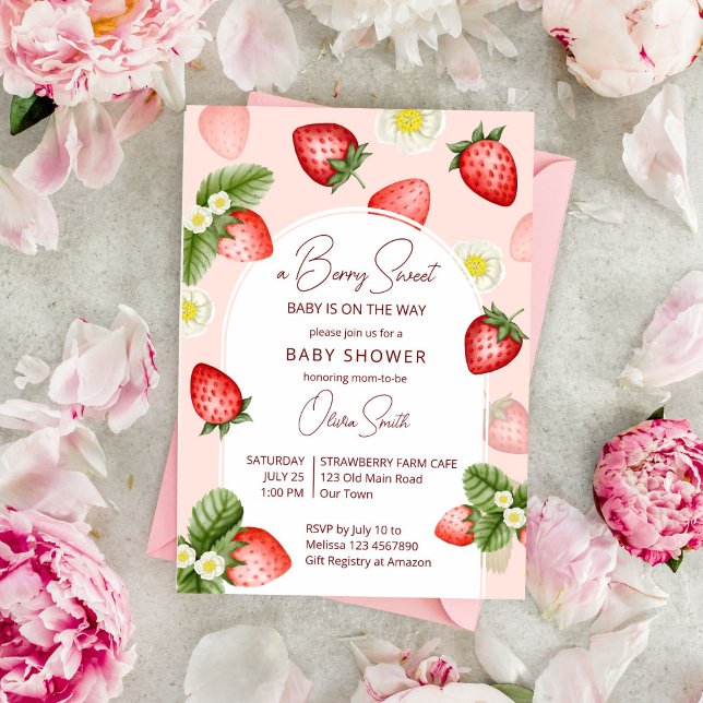 Strawberry Baby Dusche Beere süß Einladung (Berry sweet strawberry baby shower invitation template instant download strawberry arch watercolor)