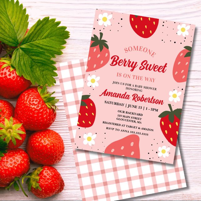 Strawberry Baby Dusche | Berry Sweet Einladung (Berry Sweet baby shower invitation with pink & red strawberries on a blush background")