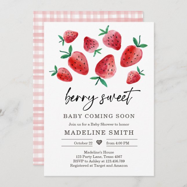 Strawberry Baby Dusche Einladung Berry Sweet Baby (Vorne/Hinten)