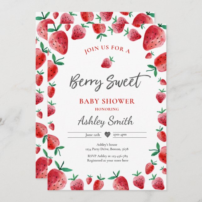Strawberry Baby Dusche Summer Berry Sweet Baby Einladung (Vorne/Hinten)