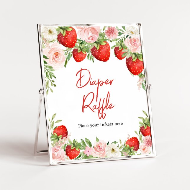 Strawberry Baby Duwer Diaper Raffle Poster (Pink Floral Strawberry Baby Shower Diaper Raffle Sign)