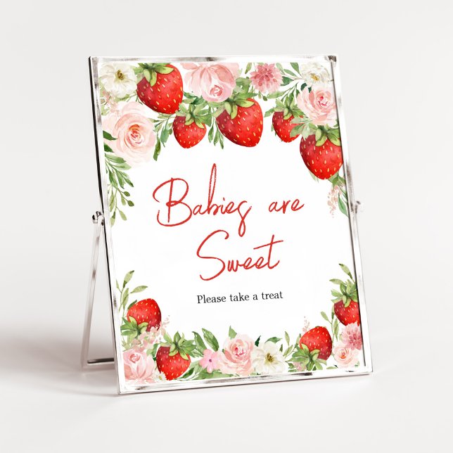 Strawberry Baby Shower Babys sind süß Poster (Pink Floral Strawberry Baby Shower Babies are Sweet Sign)