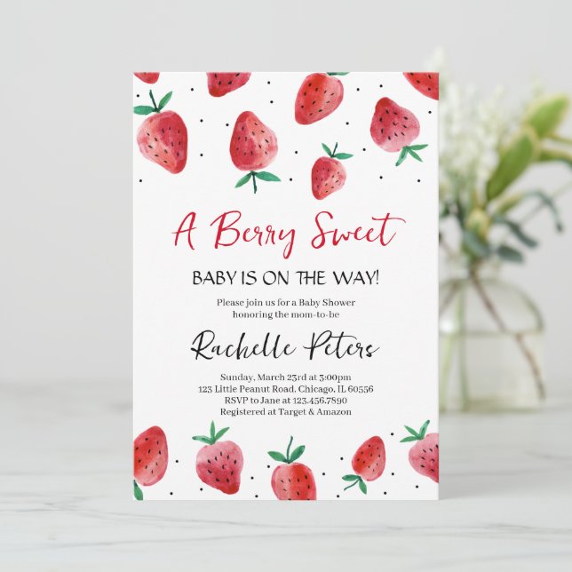 Strawberry Baby Shower Einladung (Stehend Vorderseite)