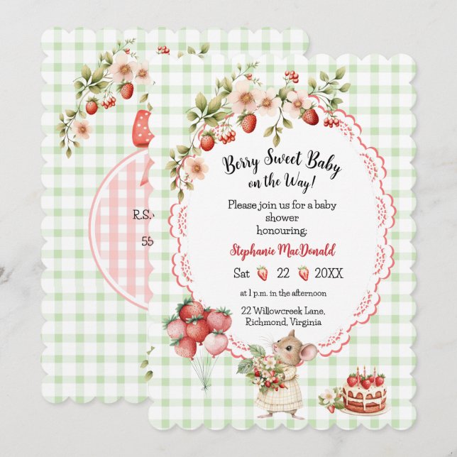 Strawberry Baby Shower Einladung - Green Gingham (Vorne/Hinten)