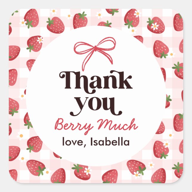Strawberry Baby Shower Thank You Quadratischer Aufkleber (Vorderseite)