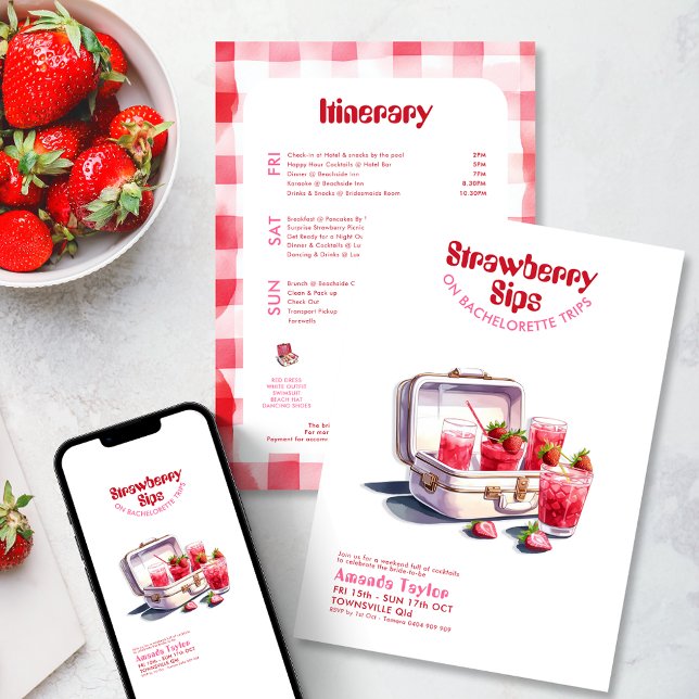 Strawberry Bachelorette Itinerary Weekend Einladung (Strawberry Bachelorette Weekend trip Invitation and itinerary. Pink red vintage cocktail watercolor )