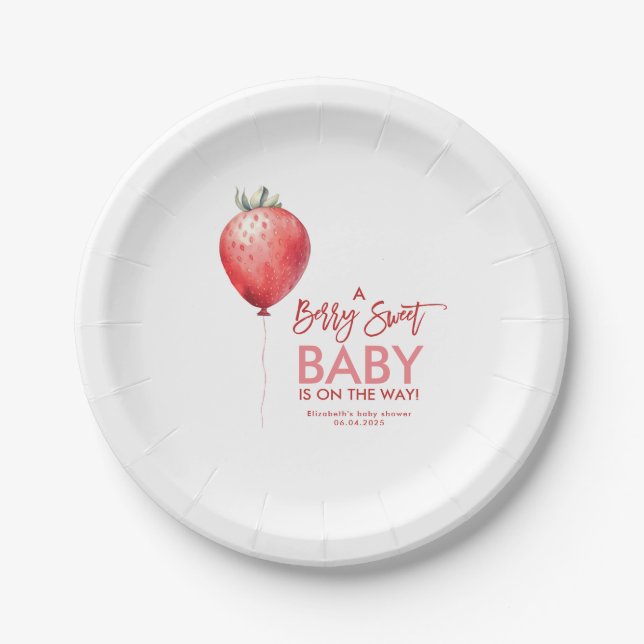 Strawberry Ballon Red and Pink Baby Dusche Pappteller (Vorderseite)
