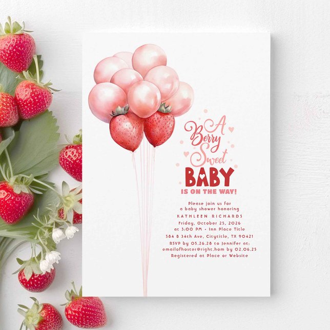Strawberry Balloons Berry Sweet Baby Dusche Einladung (A Berry Sweet Baby Is On The Way! Cute Strawberry Theme Baby Shower Invitations in Pink and Red)