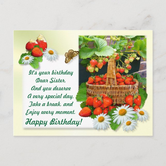 Strawberry Basket ~ Sister Birthday Postcard Postkarte (Vorderseite)