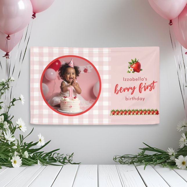 Strawberry Berry Erster 1. Geburtstagsbanner Banner (Berry First Strawberry First Birthday Party Wall Banner)