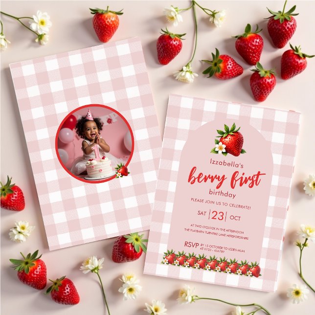 Strawberry Berry Erster Geburtstag Foto Geburtstag Einladung (Strawberry Berry First first birthday party invitations)