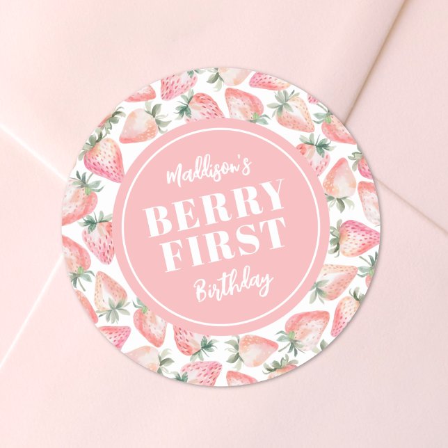 Strawberry Berry Erster Geburtstag Party Runder Aufkleber (Strawberry Berry First 1st Birthday Party Classic Round Sticker )