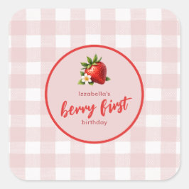 Strawberry Berry Erster Geburtstag Pink Gingham Quadratischer Aufkleber