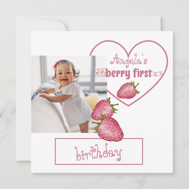 Strawberry Berry First Birthday Dankeskarte (Vorderseite)