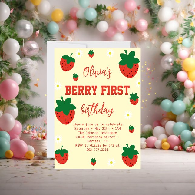 Strawberry Berry First Birthday Einladung (Von Creator hochgeladen)