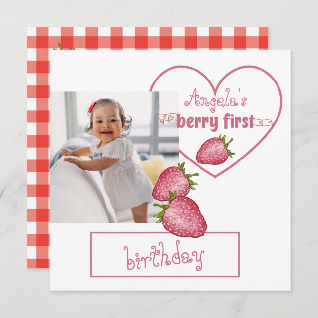 Strawberry Berry First Birthday Einladung (Vorne/Hinten)