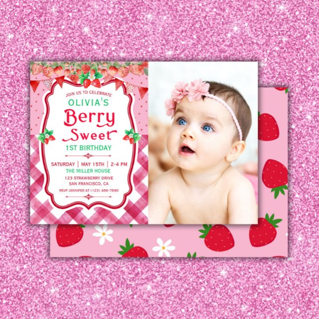 Strawberry Berry First Birthday Foto Girl Party Einladung (Strawberry berry first birthday party girl invitation)