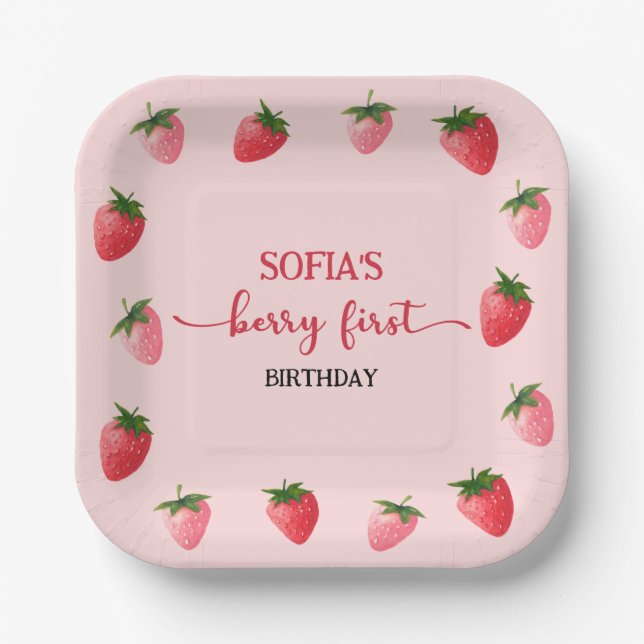 Strawberry Berry First Birthday Pappteller (Vorderseite)
