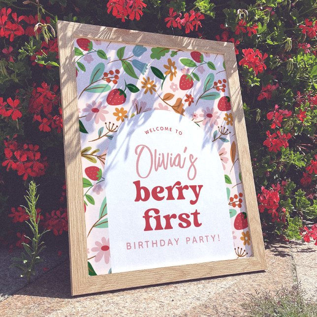 Strawberry Berry First Birthday Party Begrüßungsze Poster (Welcome Sign Mock-up)