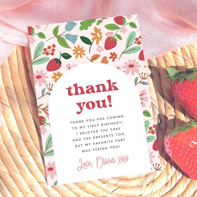 Strawberry Berry First Birthday Party Dankeskarte (Card Front Mock-up)