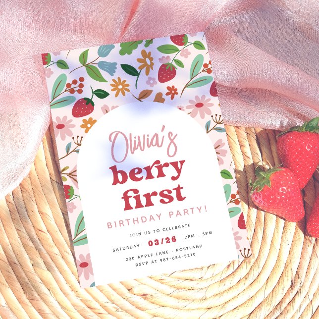 Strawberry Berry First Birthday Party Einladung (Card Front Mock-up)