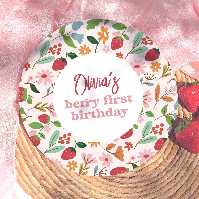 Strawberry Berry First Birthday Party Pappteller (Paper Plate Mock-up)