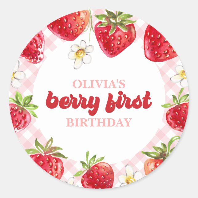 Strawberry Berry First Birthday Runder Aufkleber (Vorderseite)