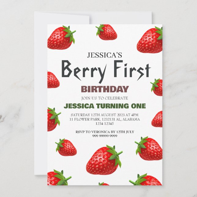 Strawberry Berry First Birthday Simple Niedlich Ba Einladung (Vorderseite)
