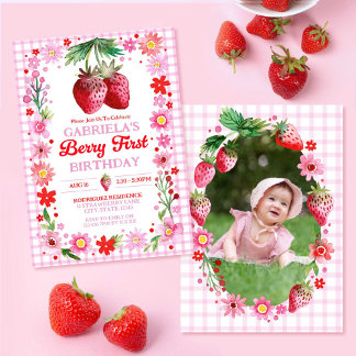 Strawberry Berry First Birthday Watercolor Foto Einladung